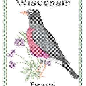 Wisconsin State Bird, Flower and Motto Cross Stitch Pattern PDF