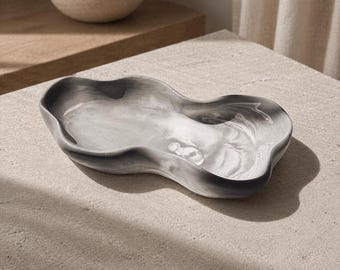 Cuenco escultórico de cerámica en blanco y negro, bandeja de 12x5 cm con diseño de olas marmoleadas, portavelas hecho a mano, decoración moderna para el hogar.