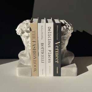 Pode incluir: Uma escultura de gesso branco de um busto clássico serve como um suporte de livros, segurando uma fileira de livros. Os livros têm títulos como "THE FASHION BOOK" e "Delicious Places". O suporte de livros está em uma superfície branca com um fundo escuro.