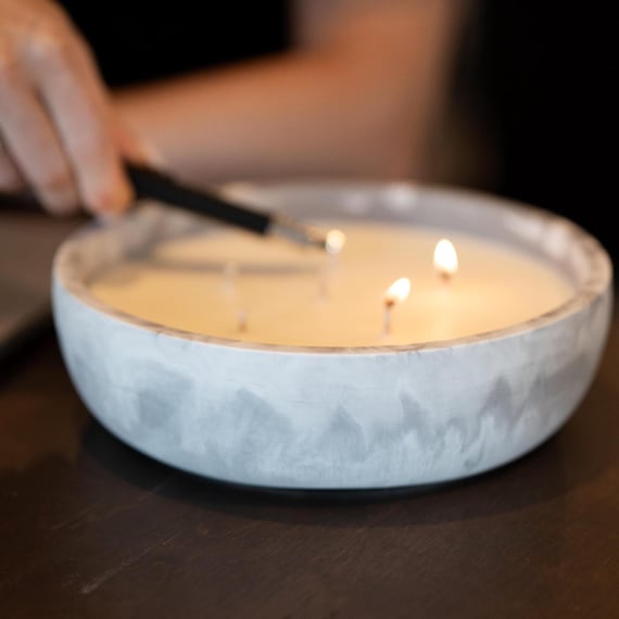 Large Candle in Concrete Bowl | 12x4 Inch Scented Centerpiece | Handmade Multi Wick Candle | Modern Home Décor