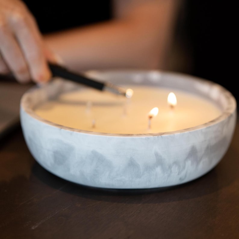 Large Candle in Concrete Bowl | 12x4 Inch Scented Centerpiece | Handmade Multi Wick Candle | Modern Home Décor