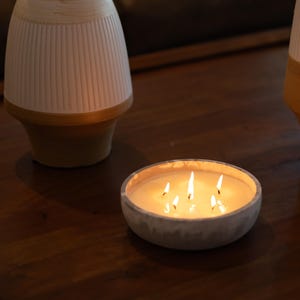Large Candle in Concrete Bowl | 12x4 Inch Scented Centerpiece | Handmade Multi Wick Candle | Modern Home Décor