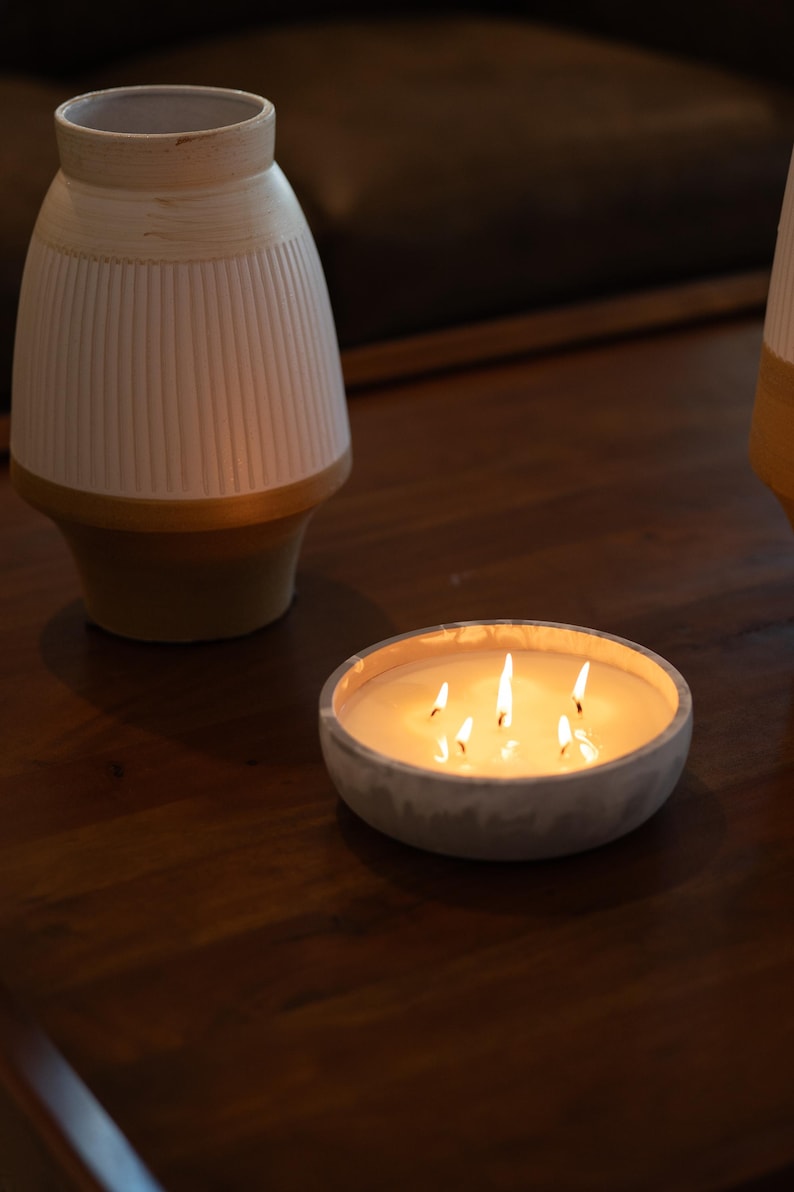 Large Candle in Concrete Bowl | 12x4 Inch Scented Centerpiece | Handmade Multi Wick Candle | Modern Home Décor