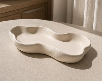 Cuenco escultural de cerámica blanca, bandeja de 12x5 cm con diseño de olas orgánicas, portavelas hecho a mano, plato decorativo para baratijas, decoración minimalista para el hogar.