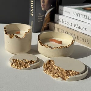Artisan Gold Concrete Candle – Sculptural Soy Candle with Wooden Wick, Luxe Modern Decor Gift