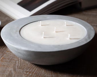 XL Concrete Bowl Candle: 5-Wick Soy Wax Centerpiece - 9" Rustic Modern Decor