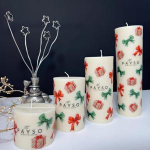Christmas Pillar Candle with Gift Box Design – Holiday Decor – Red and Green Bow Wax Candle – Decorative Christmas Gift – PAYSO