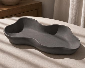 Cuenco escultórico de cerámica gris grafito, bandeja orgánica ondulada de 12x5, portavelas hecho a mano, plato decorativo moderno para baratijas.