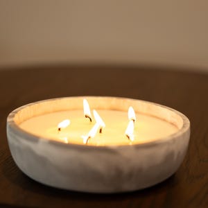 Large Candle in Concrete Bowl | 12x4 Inch Scented Centerpiece | Handmade Multi Wick Candle | Modern Home Décor