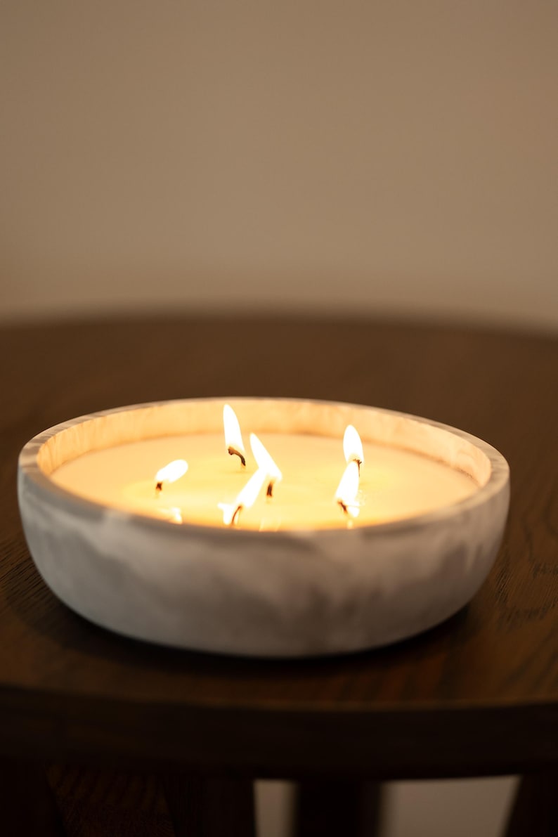 Large Candle in Concrete Bowl | 12x4 Inch Scented Centerpiece | Handmade Multi Wick Candle | Modern Home Décor