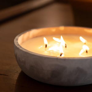 Large Candle in Concrete Bowl | 12x4 Inch Scented Centerpiece | Handmade Multi Wick Candle | Modern Home Décor