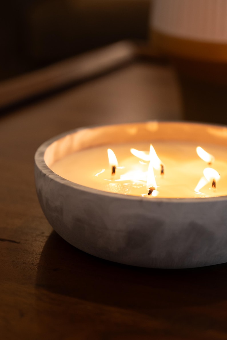 Large Candle in Concrete Bowl | 12x4 Inch Scented Centerpiece | Handmade Multi Wick Candle | Modern Home Décor