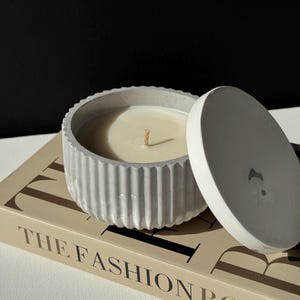 Minimalist Soy Candle: Ribbed Concrete Jar with Lid - Handmade