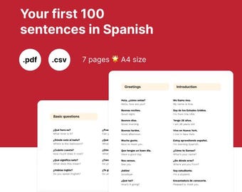 Your first 100 sentences in Spanish | vocabulary list for beginners, digital download, everyday spanish phrases