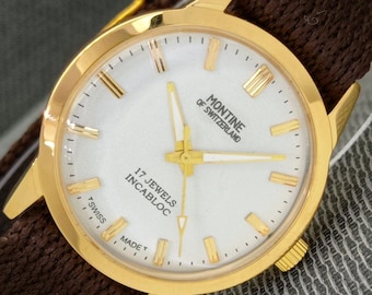Vintage Hand-Winding Montine 17 Jewels Swiss Mens White Color Dial Wrist Watch a852