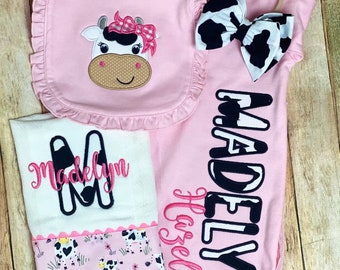 Pink Cow Gift for Baby Girl - Pink Cow baby gift set - Gown, bib, burp, and bow hat or headband