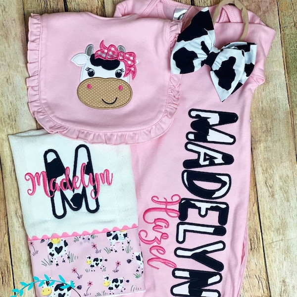 Pink Cow Gift for Baby Girl - Pink Cow baby gift set - Gown, bib, burp, and bow hat or headband