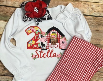 Boho Barnyard Birthday Outfit - Farm Girl Birthday Shirt - Farm Birthday - Cow with red