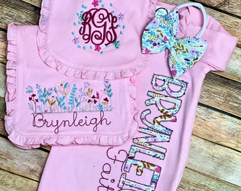 Wildflower gift set for baby girl - Gown with name, ruffled bib and burp cloth, bow headband (HdBd) or Hat