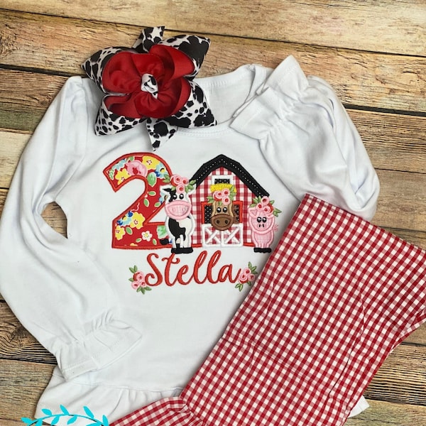 Boho Barnyard Birthday Outfit - Farm Girl Birthday Shirt - Farm Birthday - Cow with red