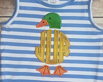 Mallard Duck Bubble Romper - Blue stripe - Monogram