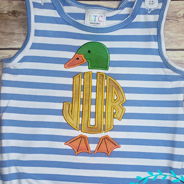 Mallard Duck Bubble Romper - Blue stripe - Monogram