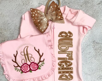 Oh Deer baby girl gift set, personalized footie pajamas, monogram ruffle bib, bow headband (HdBd) or knot hat, coming home outfit