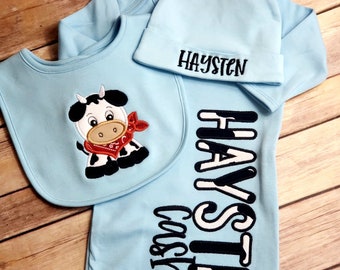 Cow gift set for baby boy- Gown with name, bib, and hospital hat - Personalized