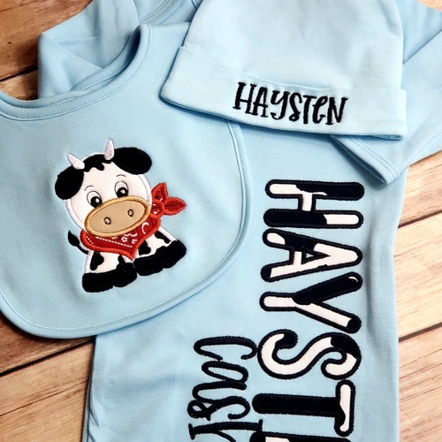 Cow Gift Set for Baby Boy Gown With Name Bib and Hospital Etsy