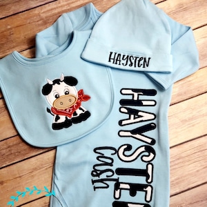 Cow gift set for baby boy- Gown with name, bib, and hospital hat - Personalized