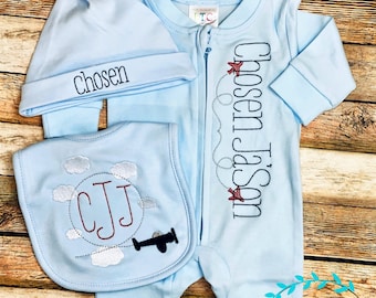 Airplane gift set for baby boy, Personalized Footie Pajamas, Monogram bib, Newborn knot hat, Baby Boy Coming home outfit