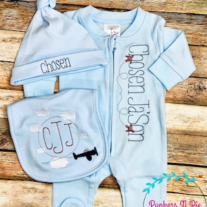 Airplane gift set for baby boy, Personalized Footie Pajamas, Monogram bib, Newborn knot hat, Baby Boy Coming home outfit