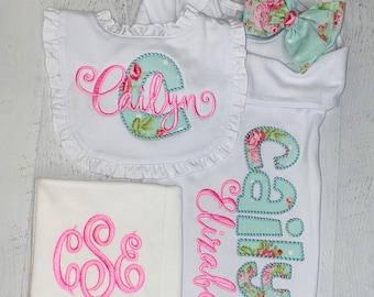 Vintage Rose gift set for baby girl - Gown with name, Ruffle Bib, Monogram Burp Cloth, Bow headband or hat - personalized