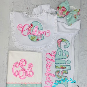Vintage Rose gift set for baby girl - Gown with name, Ruffle Bib, Monogram Burp Cloth, Bow headband or hat - personalized