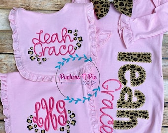 Baby Glam pink Leopard gift set - Gown with name,  monogrammed bib and burp, bow headband - pink and gold