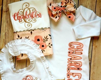 Boho Blush gift set for baby girl - Gown with name, monogrammed bib/burp, bow headband or hat- peach and gold - personalized