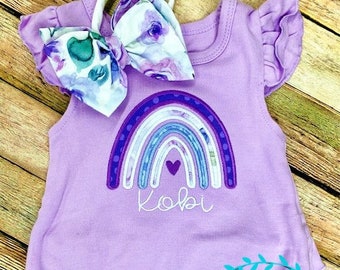 Purple Rainbow ruffle bubble romper, Personalized bubble romper, Monogram bubble romper