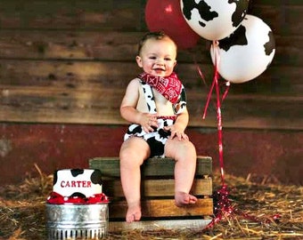Cake Smash Outfit Boy - Farm Life Barnyard Cow - Diaper Cover Suspenders Bow Tie