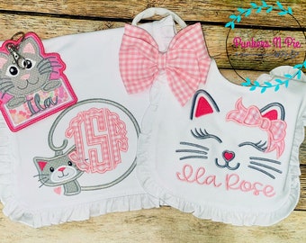 Personalized Baby Gift Set for girl, Cat lover gift, Crazy Cat Baby, Kitty Cat Bib, Burp Cloth, fabric bow headband, diaper bag name tag