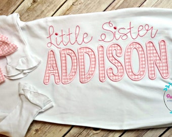 Classic Pink Gingham Little Sister gown with name - personalized