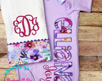 Watercolor Wildflowers Baby Gift Set – Personalized Gown, Bib, Bow Headband