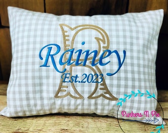 Farmhouse plaid pillow cover with Name, Wedding Gift, Engagement Gift, Beige and Cream