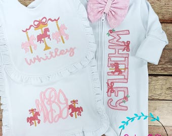 Carousel Horse Custom Embroidered Baby Girl Outfit, Footie Pajamas, Bib, Burp Cloth, Headband