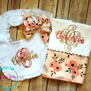 Boho Blush gift set for baby girl Gown with name, monogrammed bib/burp, bow headband or hat peach and gold personalized image 3