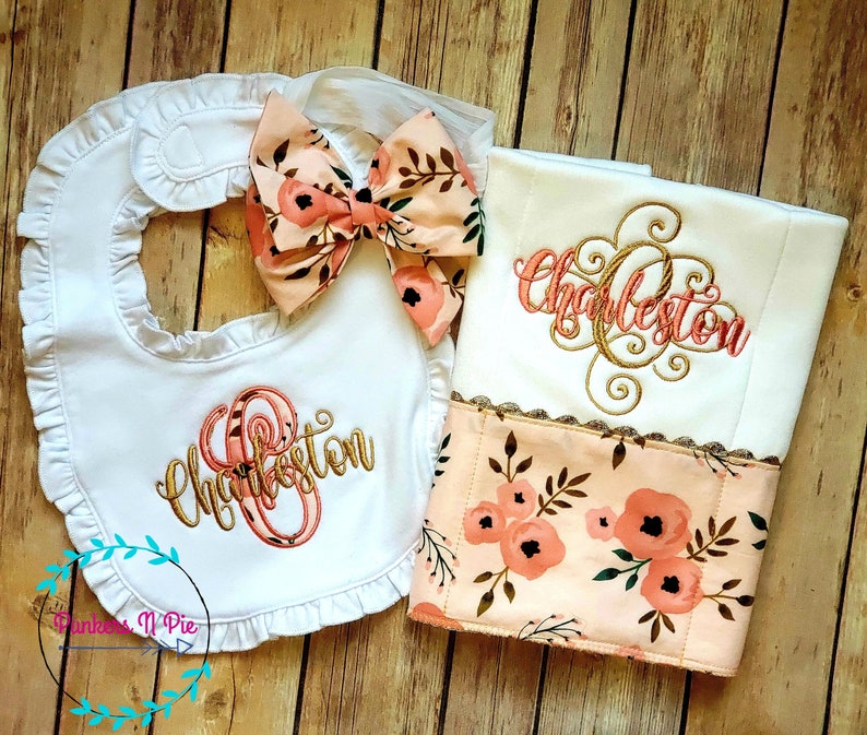 Boho Blush gift set for baby girl Gown with name, monogrammed bib/burp, bow headband or hat peach and gold personalized image 3