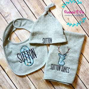 Oh Deer Baby Gift Set for boy - Bib Burp and Knot hat - Personalized Monogram Gift Set