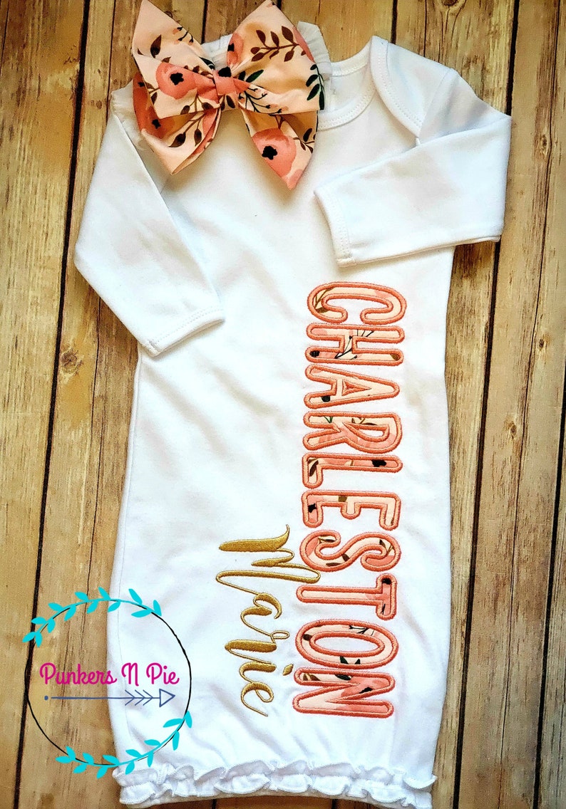 Boho Blush gift set for baby girl Gown with name, monogrammed bib/burp, bow headband or hat peach and gold personalized image 2