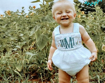 Fishing Monogram Sunsuit for Boys - seersucker bubble