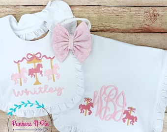 Carousel Horse Baby Girl Gift Set – Bib, Burp Cloth, Headband or Bow Hat