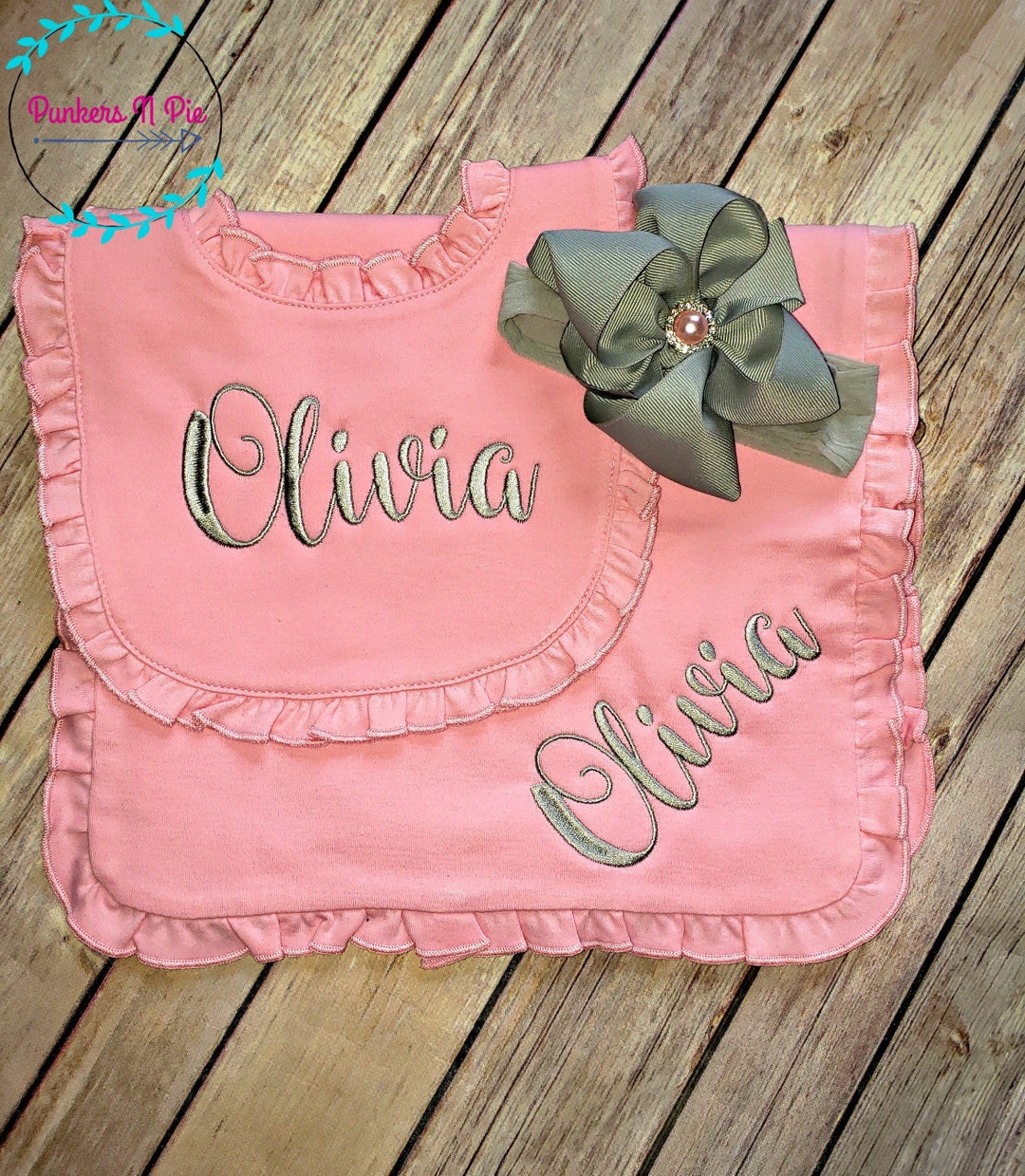 Personalized Baby Girl Gift Set Bib and Burp Cloth With Name Baby